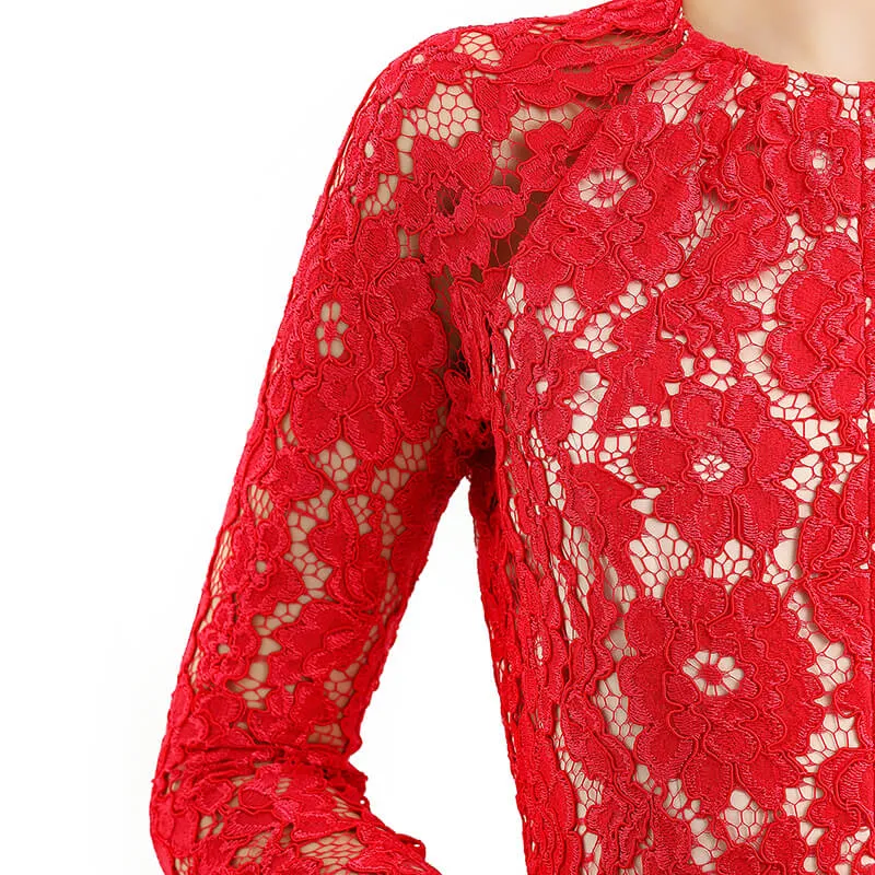 D080-2 Women floral scallop lace long sleeves flared pleated party midi dress