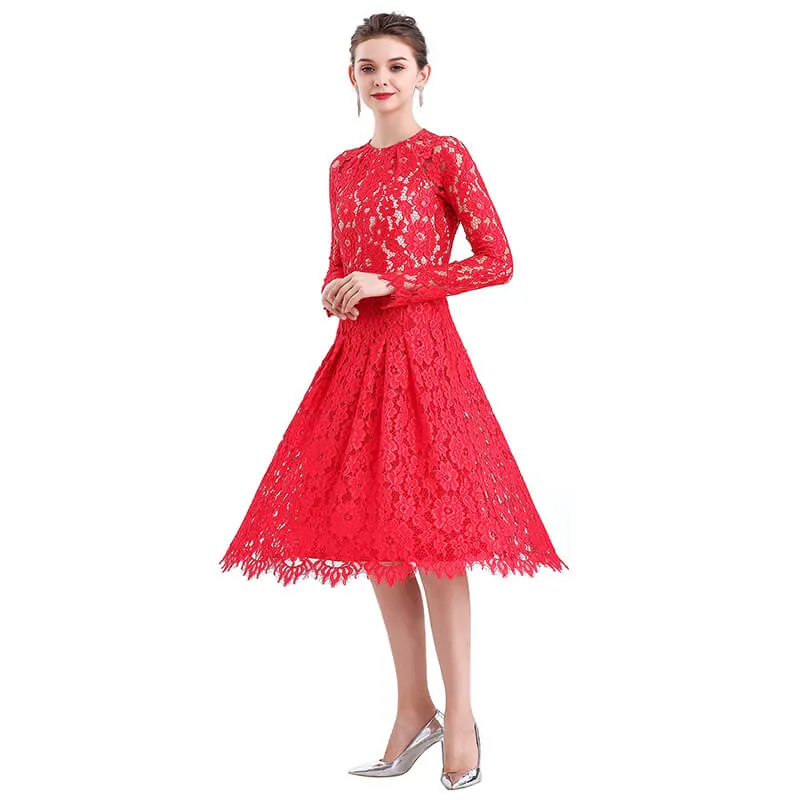 D080-2 Women floral scallop lace long sleeves flared pleated party midi dress
