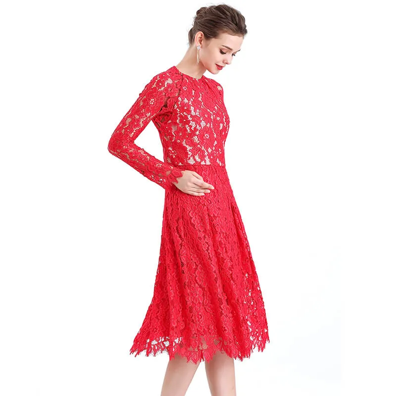 D080-2 Women floral scallop lace long sleeves flared pleated party midi dress