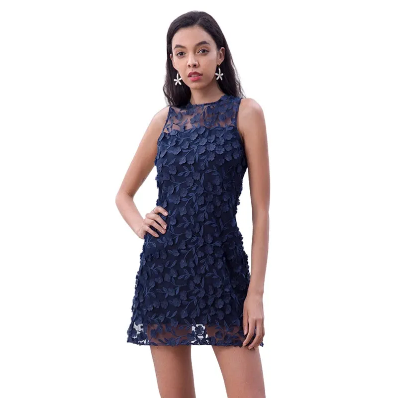 D106 Women 3D flower embroidered tulle sleeveless fitted day and party mini dress