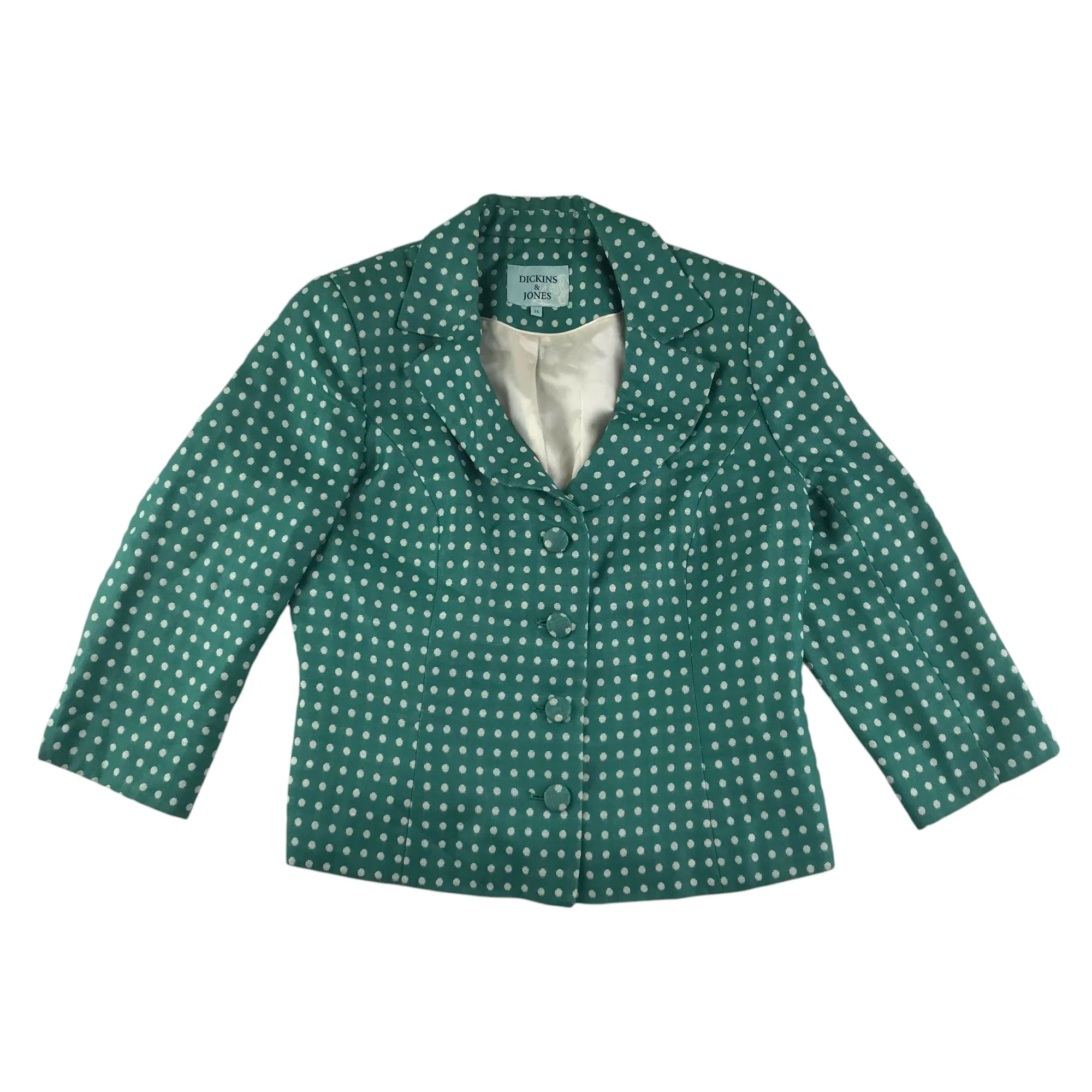 Dickins & Jones blazer women size UK14 green polka dot design wool blend