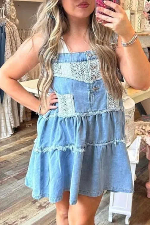Dream On Denim   Crochet Tiered Overall Mini Dress (3 Colors)