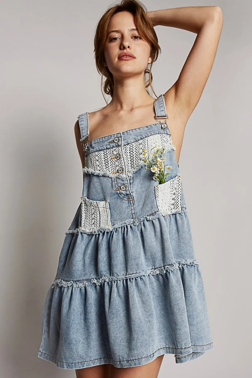 Dream On Denim   Crochet Tiered Overall Mini Dress (3 Colors)