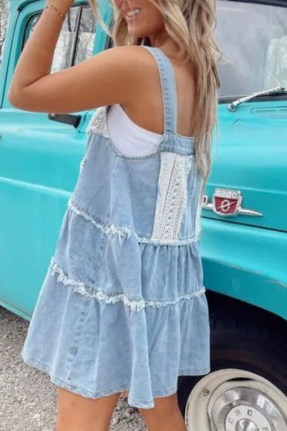 Dream On Denim   Crochet Tiered Overall Mini Dress (3 Colors)