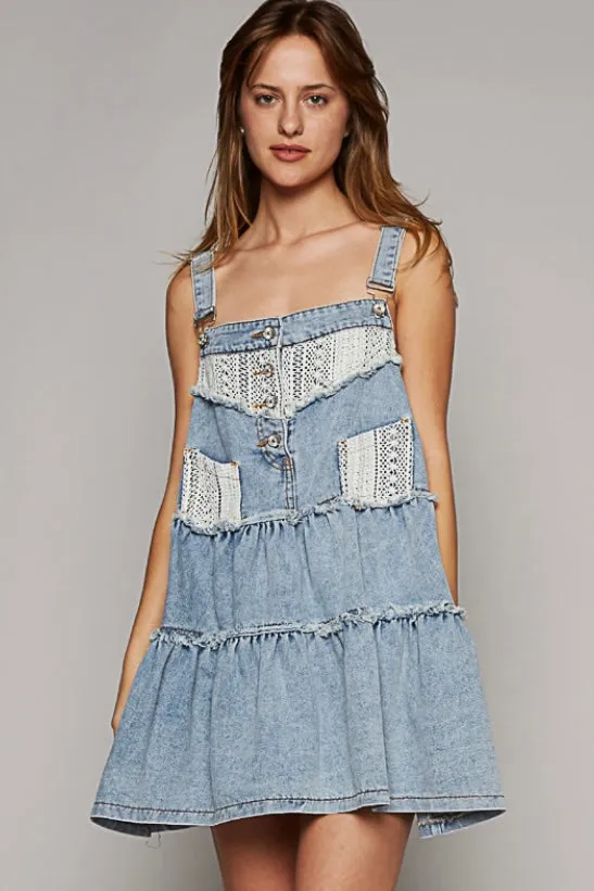 Dream On Denim   Crochet Tiered Overall Mini Dress (3 Colors)