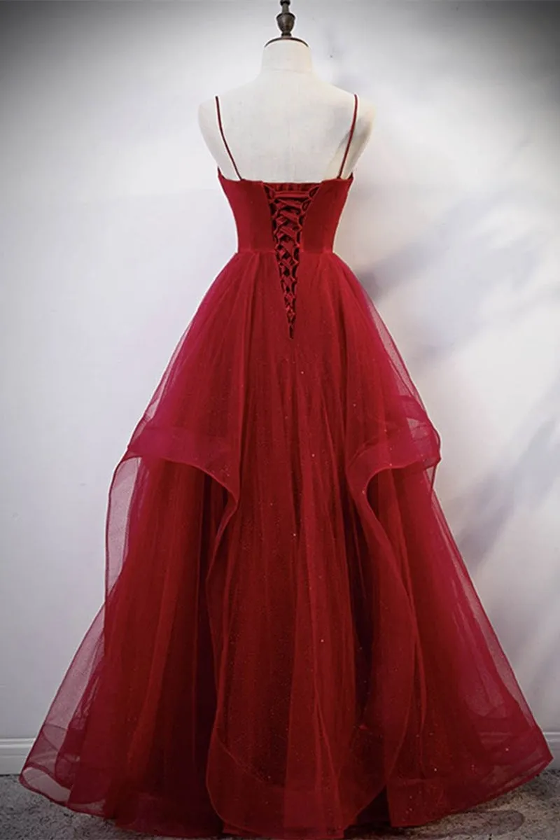 Elegant V Neck Open Back Sequins Burgundy Long Prom Dress, Shiny Burgundy Formal Dress, Fluffy Burgundy Evening Dress