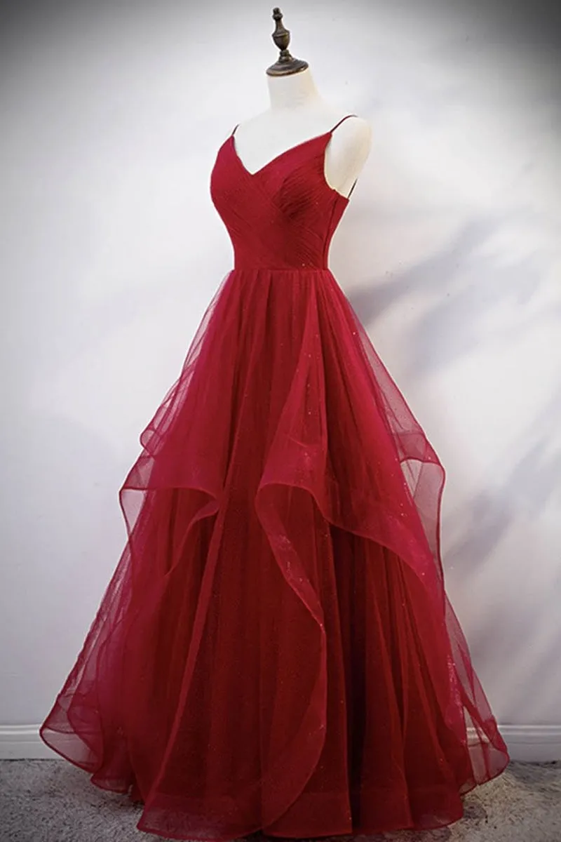 Elegant V Neck Open Back Sequins Burgundy Long Prom Dress, Shiny Burgundy Formal Dress, Fluffy Burgundy Evening Dress