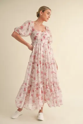 Elysse Sweetheart Puff Sleeve Floral Tier Dress: Rose Pink