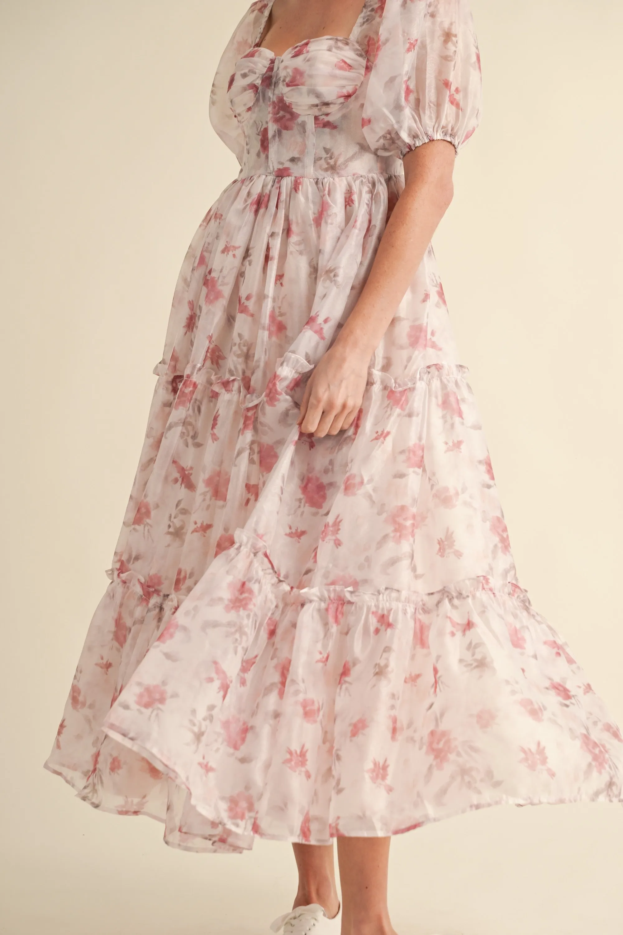 Elysse Sweetheart Puff Sleeve Floral Tier Dress: Rose Pink