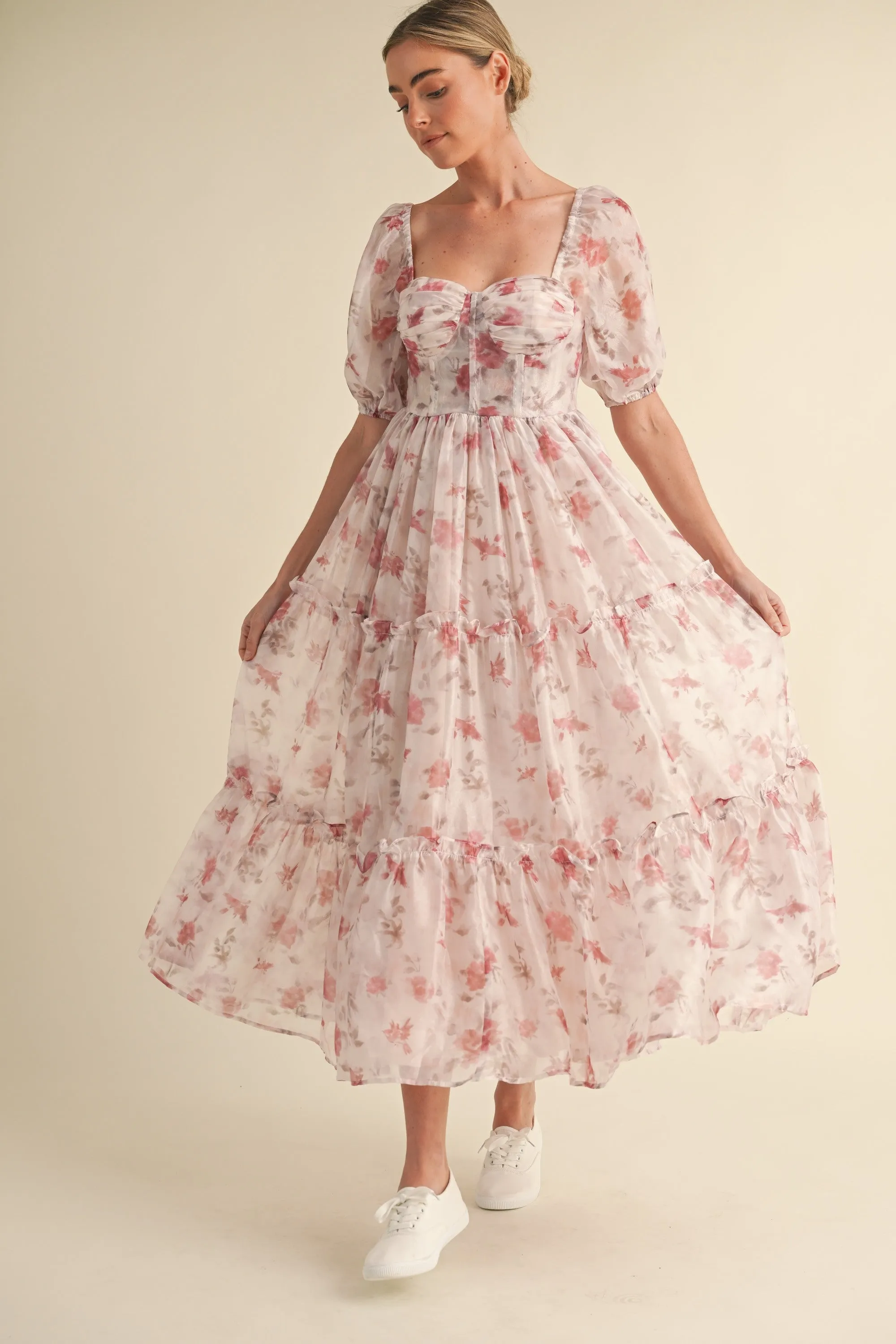 Elysse Sweetheart Puff Sleeve Floral Tier Dress: Rose Pink