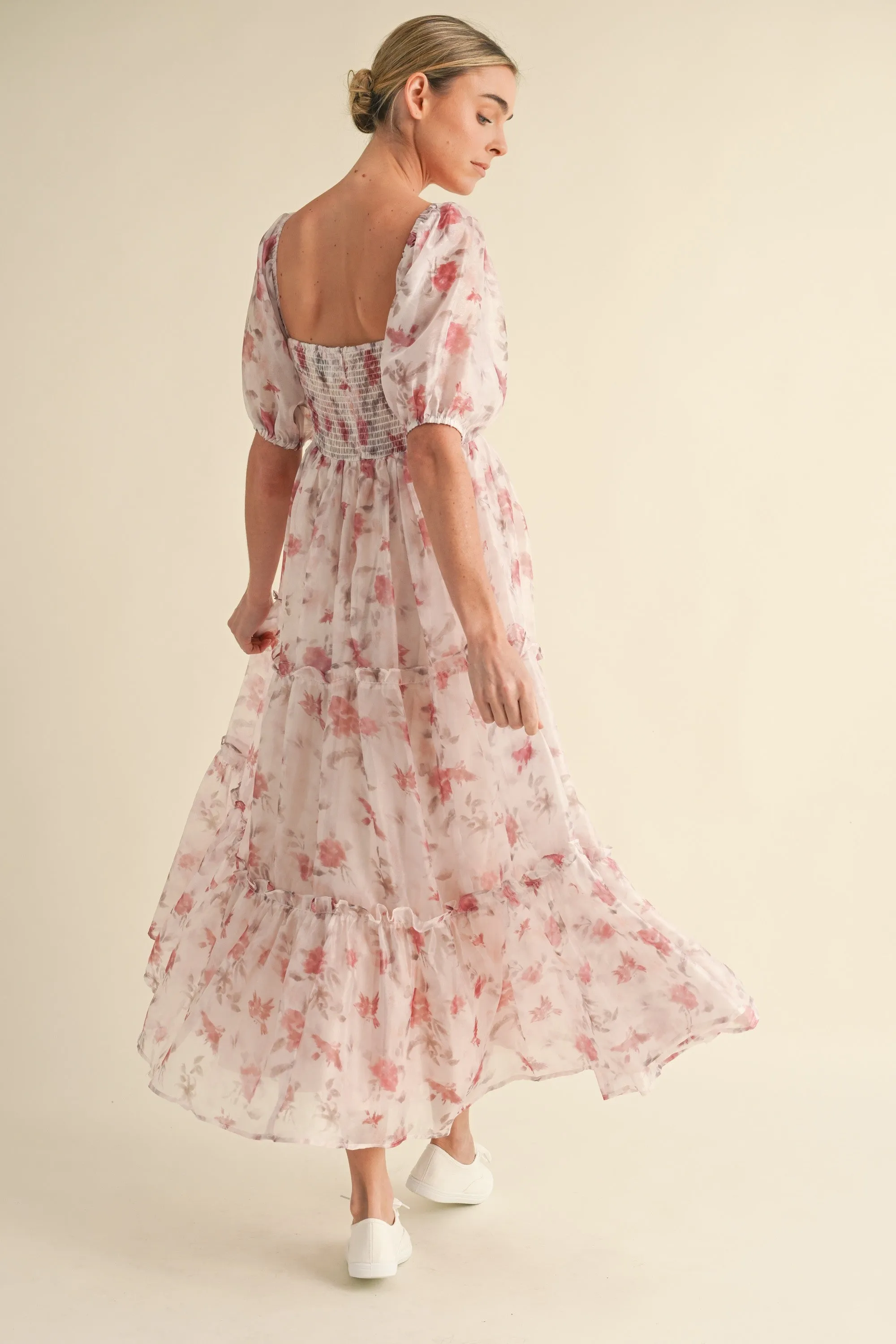 Elysse Sweetheart Puff Sleeve Floral Tier Dress: Rose Pink