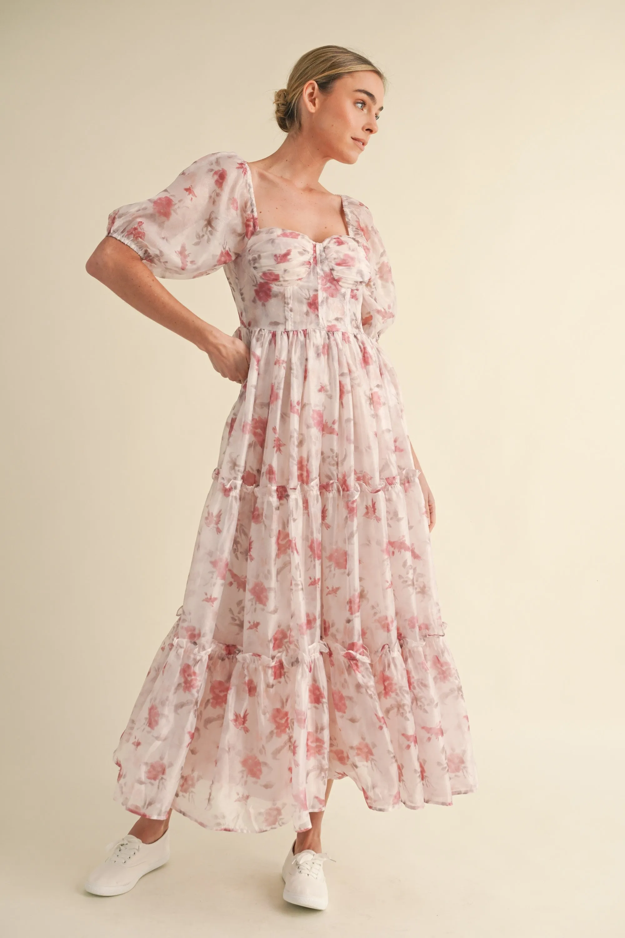 Elysse Sweetheart Puff Sleeve Floral Tier Dress: Rose Pink