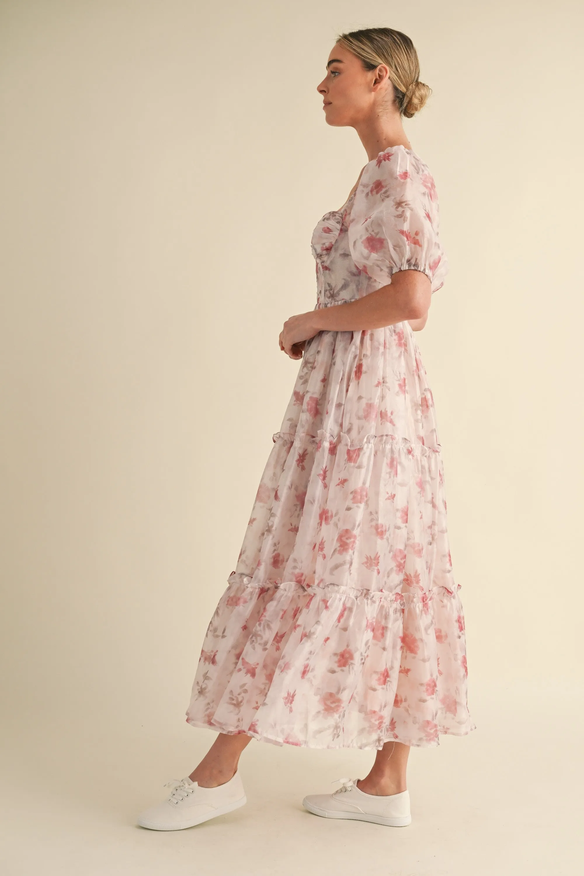 Elysse Sweetheart Puff Sleeve Floral Tier Dress: Rose Pink