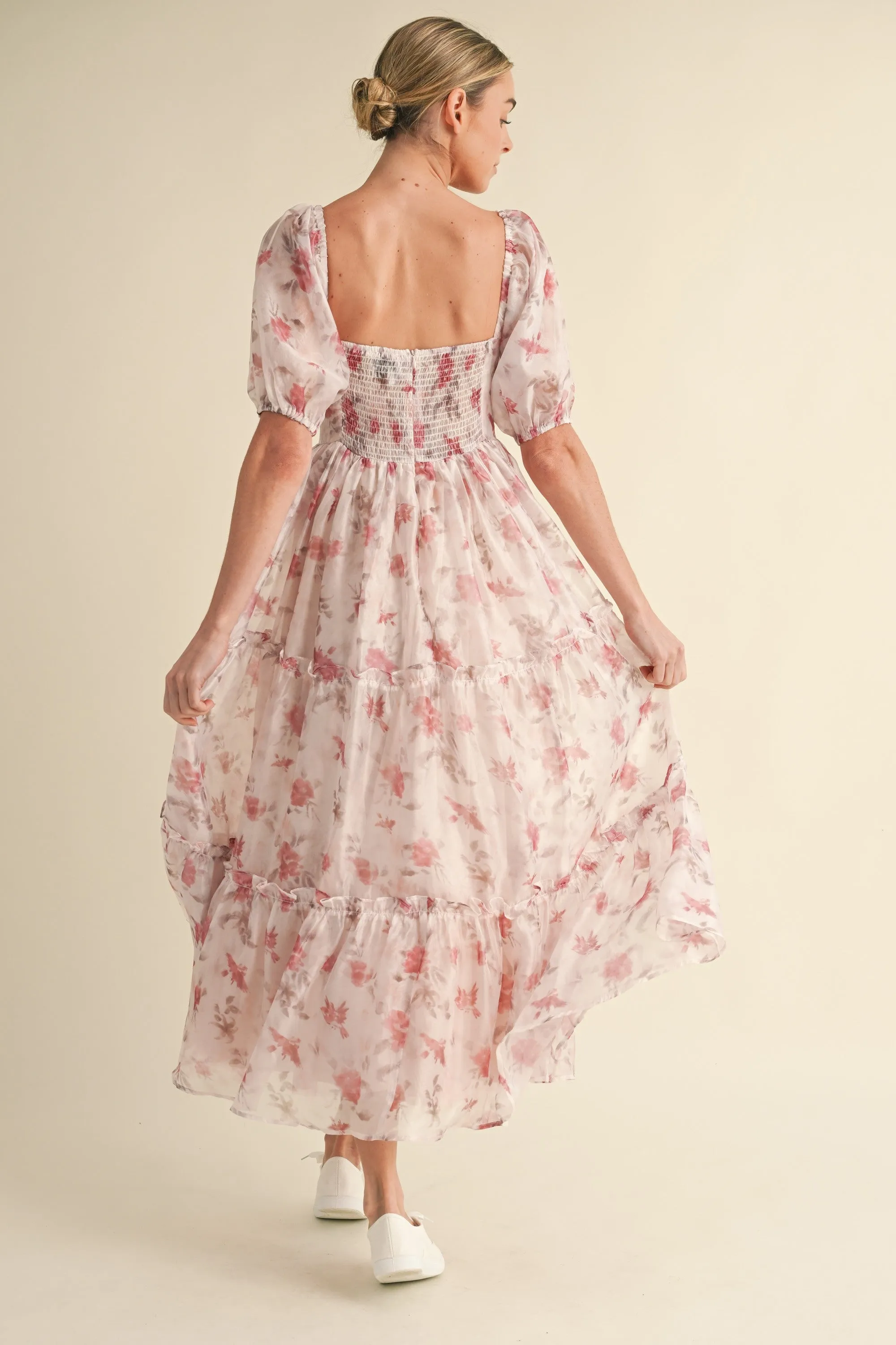 Elysse Sweetheart Puff Sleeve Floral Tier Dress: Rose Pink
