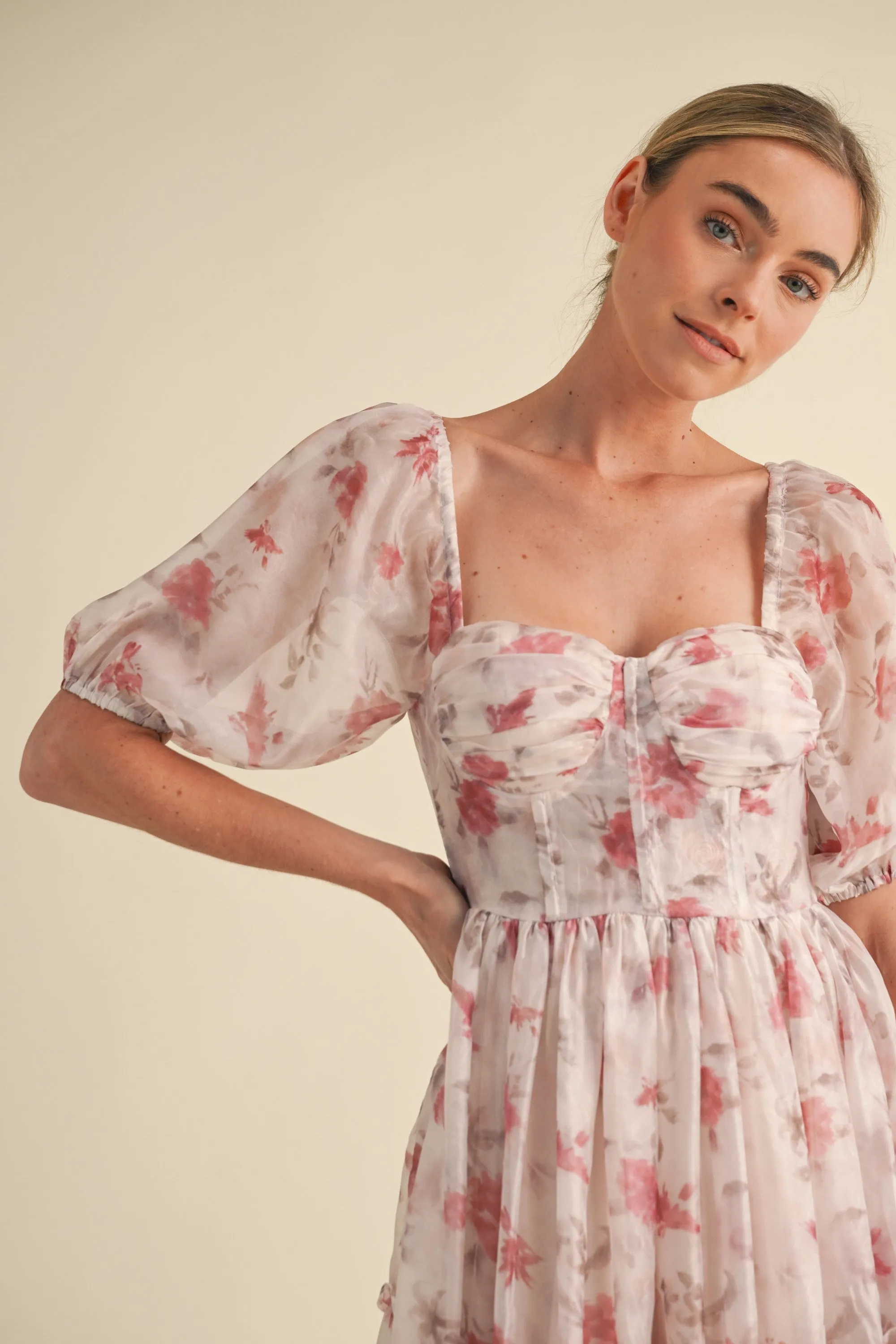 Elysse Sweetheart Puff Sleeve Floral Tier Dress: Rose Pink