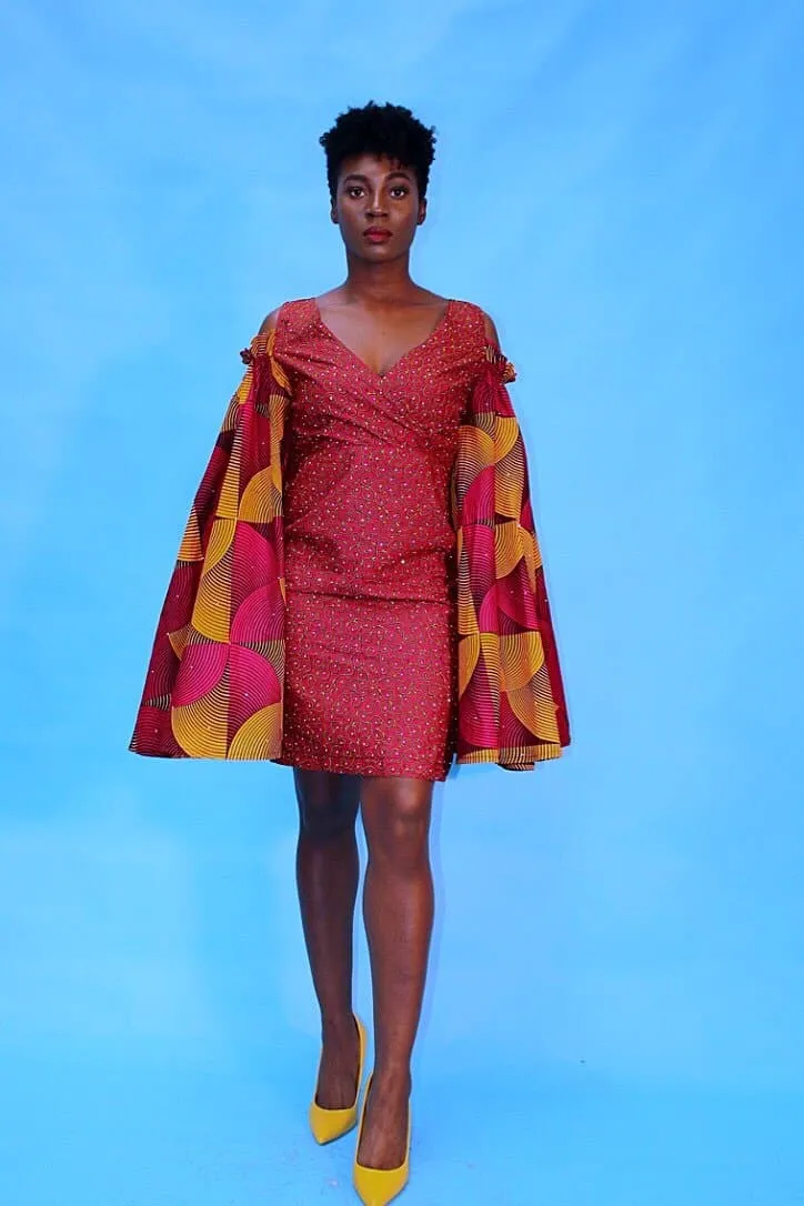 Embellished African Print Ankara Fitted Red Dress with Cut-out Sleeves