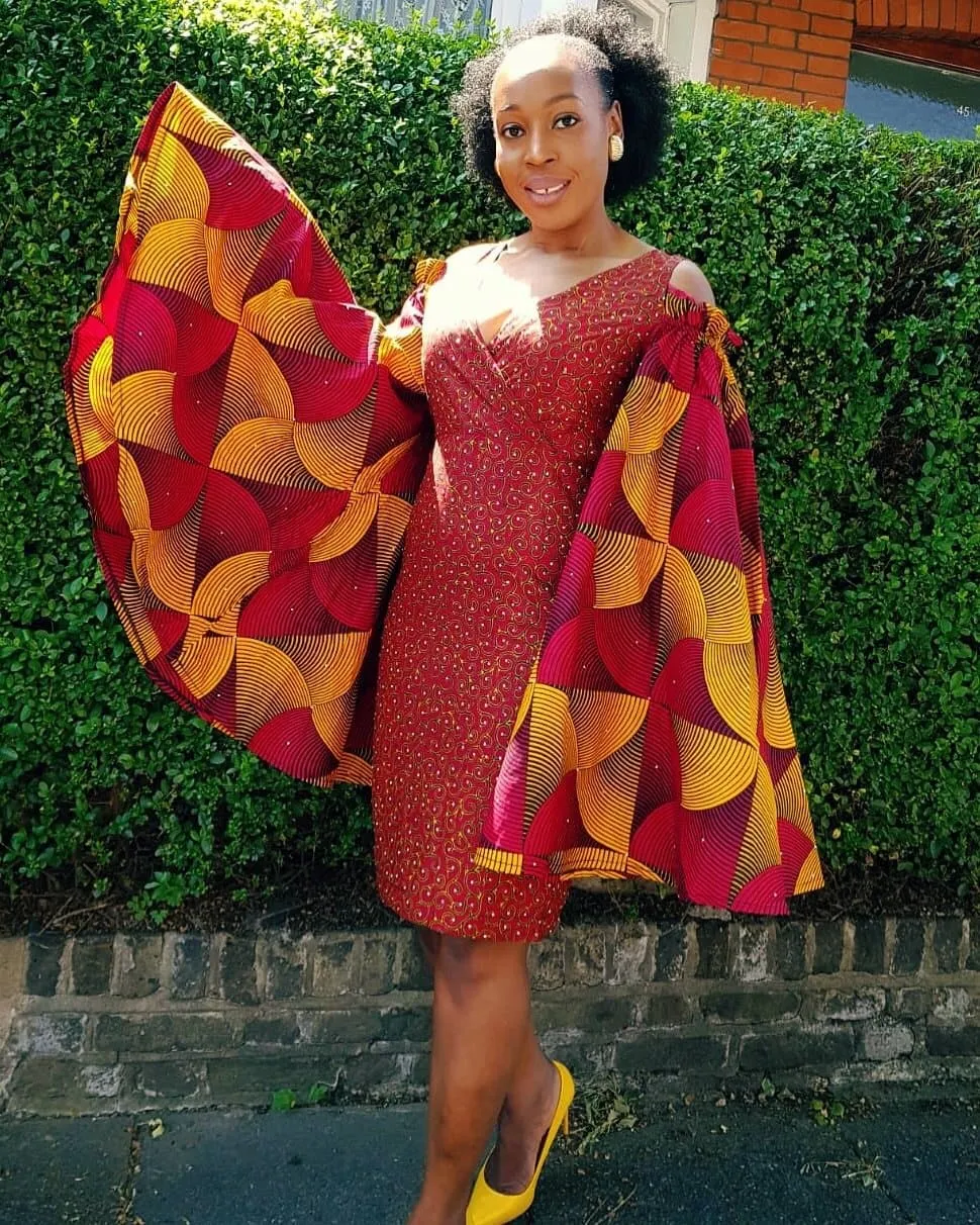 Embellished African Print Ankara Fitted Red Dress with Cut-out Sleeves
