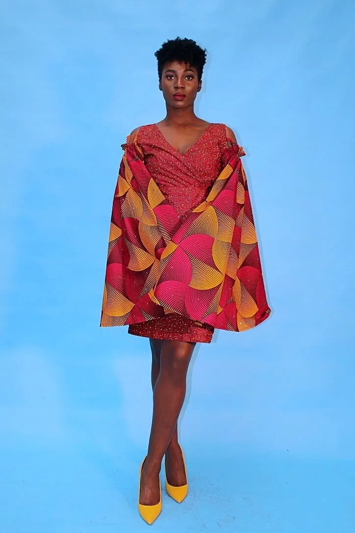 Embellished African Print Ankara Fitted Red Dress with Cut-out Sleeves