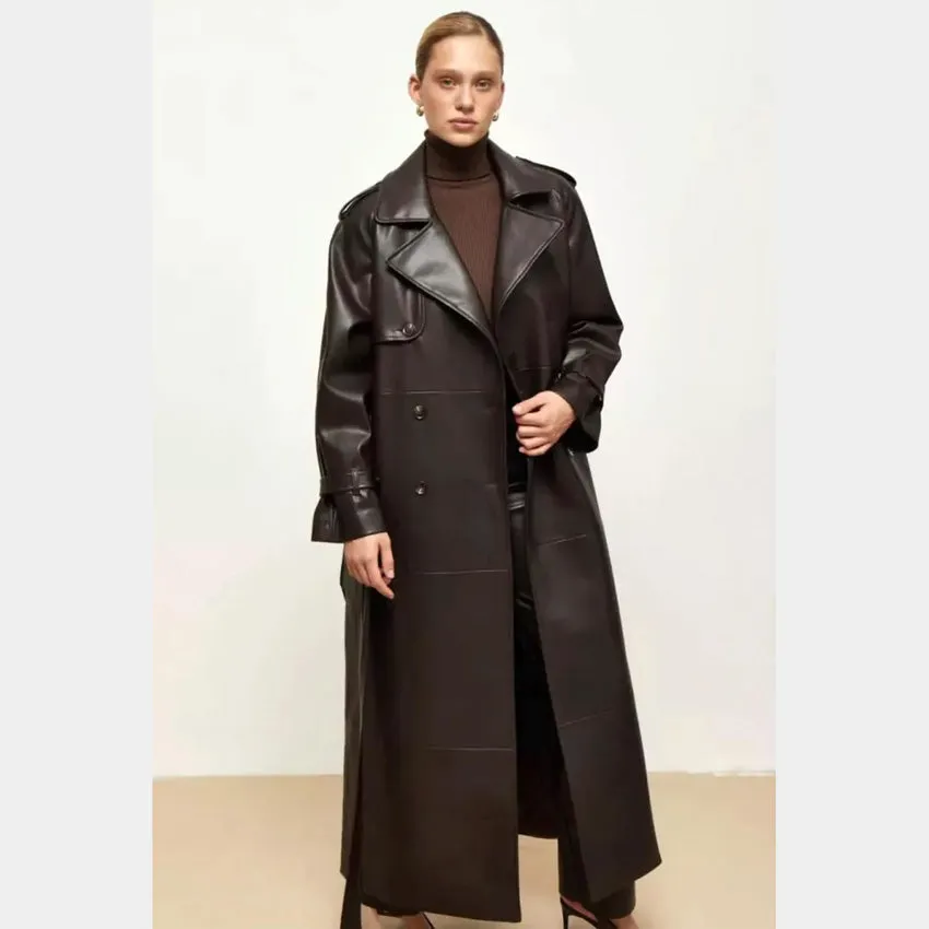 Exclusive Design Long Chocolate Leather Trench Coat