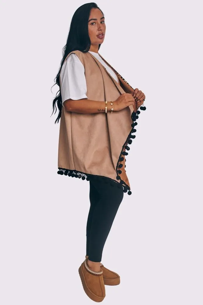 Faux Suede Pom-Pom Trim Sleeveless Coat