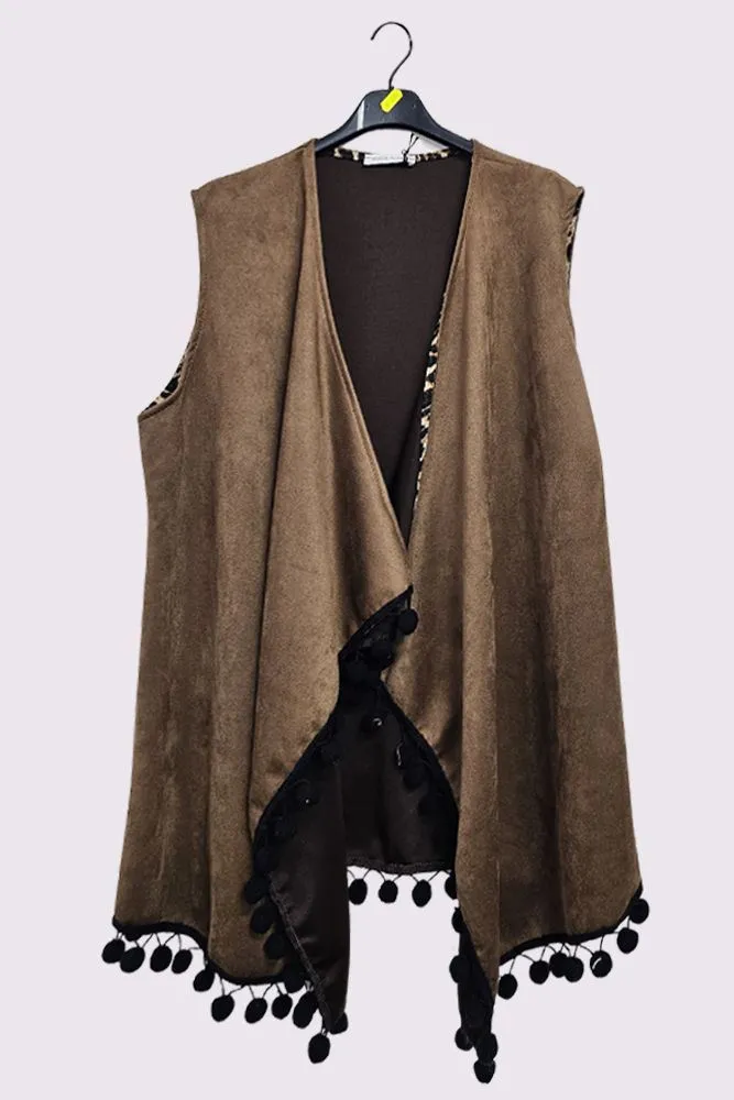 Faux Suede Pom-Pom Trim Sleeveless Coat