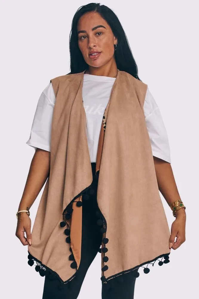 Faux Suede Pom-Pom Trim Sleeveless Coat