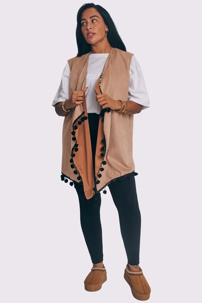 Faux Suede Pom-Pom Trim Sleeveless Coat