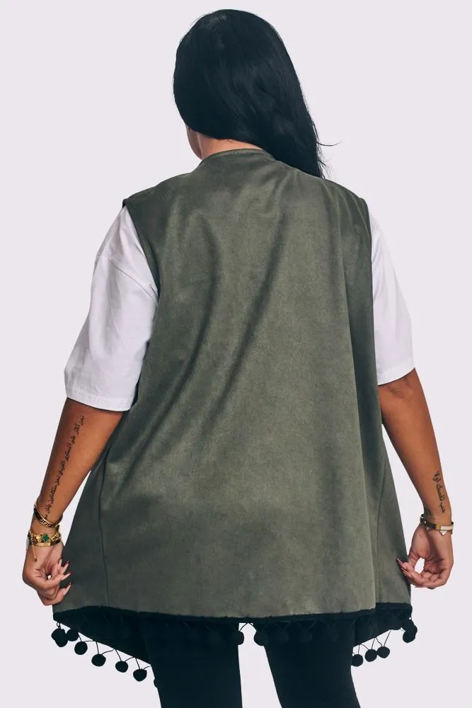 Faux Suede Pom-Pom Trim Sleeveless Coat