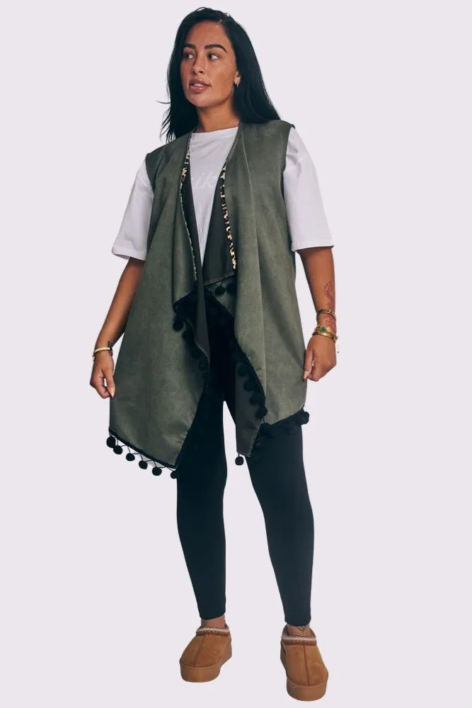 Faux Suede Pom-Pom Trim Sleeveless Coat