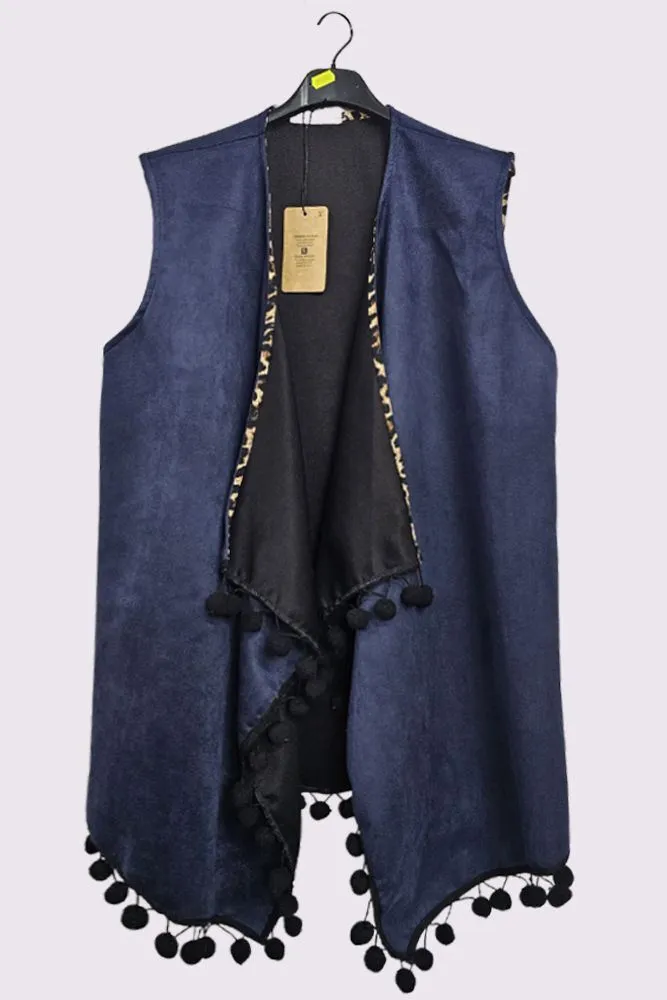 Faux Suede Pom-Pom Trim Sleeveless Coat