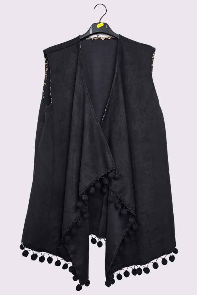 Faux Suede Pom-Pom Trim Sleeveless Coat