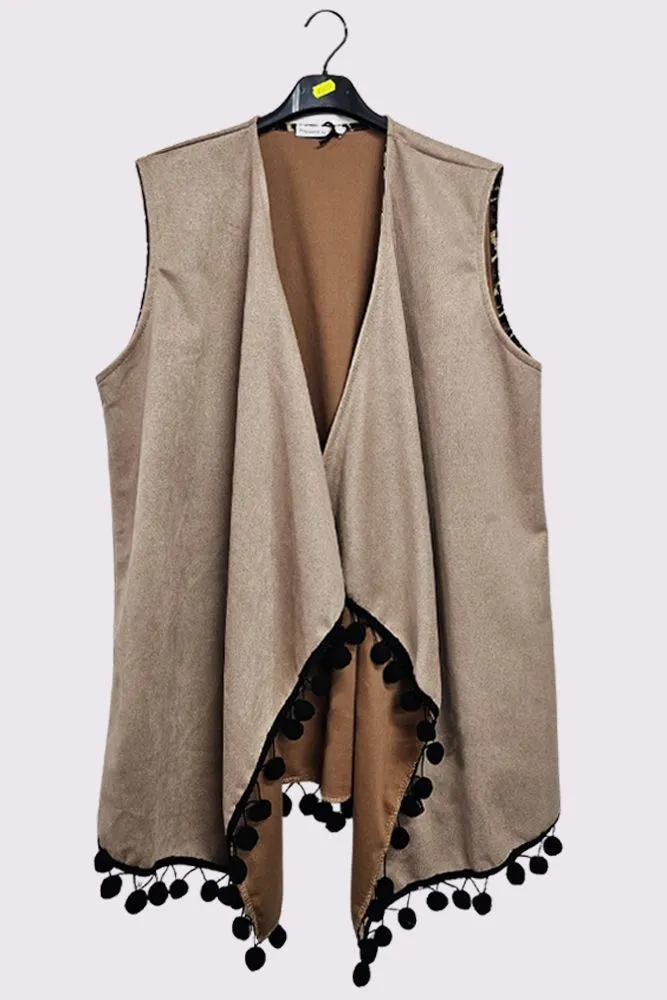 Faux Suede Pom-Pom Trim Sleeveless Coat