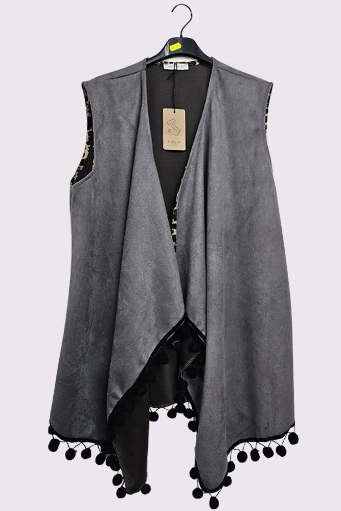 Faux Suede Pom-Pom Trim Sleeveless Coat