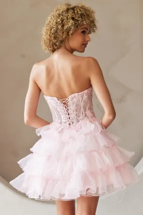 FORMAL MINI SLEEVELESS STRAPLESS BABY DOLL DRESS W/ FLORAL LACE EMBROIDERY