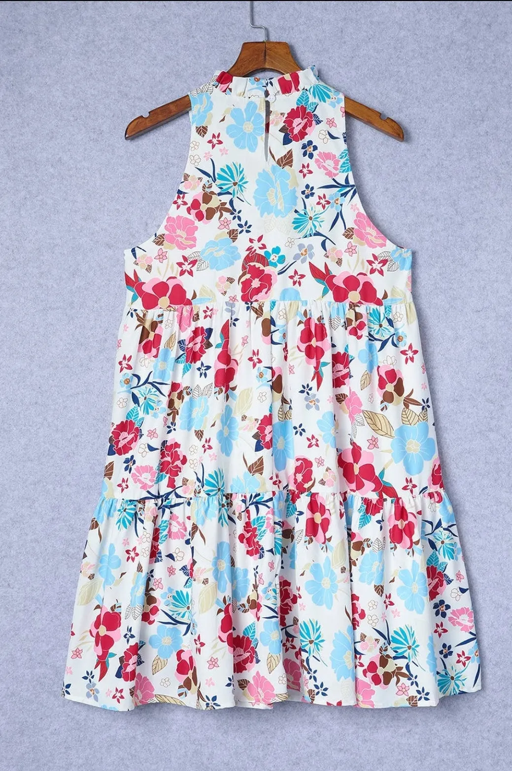 Frill Mock Neck Sleeveless Tiered Floral Dress