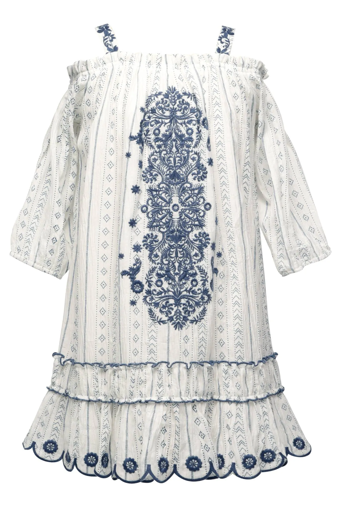 Girl’s Off The Shoulder Scallop Hem Embroidered Boho Dress