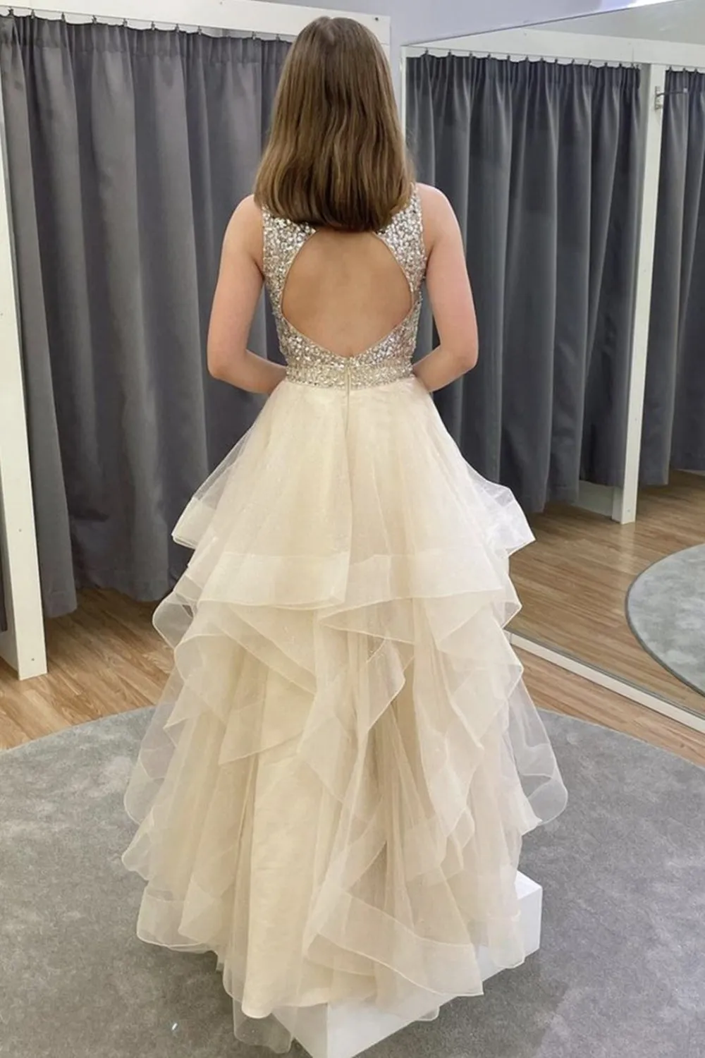 Gorgeous Open Back Fluffy Beaded Champagne Long Prom Dress, Open Back Champagne Formal Dress, Champagne Evening Dress A1296