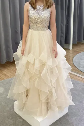 Gorgeous Open Back Fluffy Beaded Champagne Long Prom Dress, Open Back Champagne Formal Dress, Champagne Evening Dress A1296