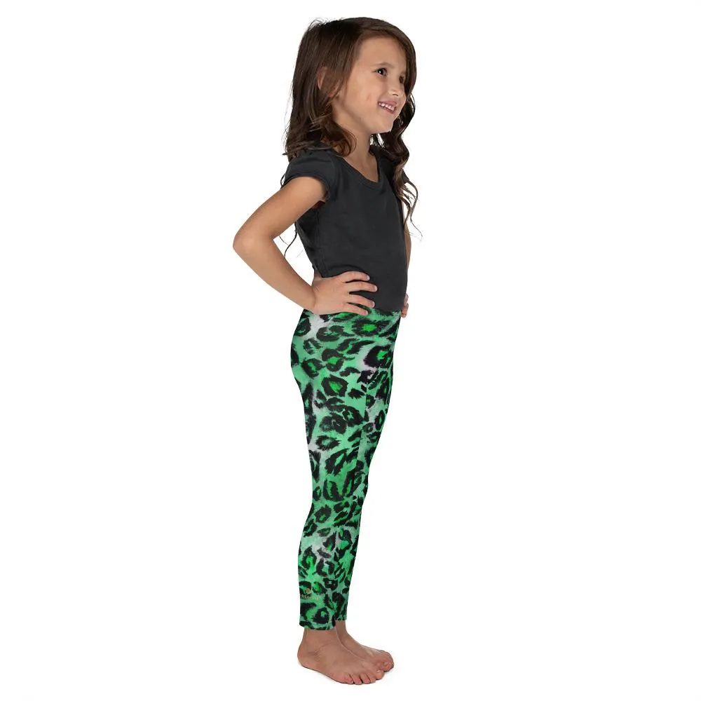 Green Leopard Kid's Tights, Green Leopard Animal Print Premium Kid's Leggings Running Tights- Made in USA/EU