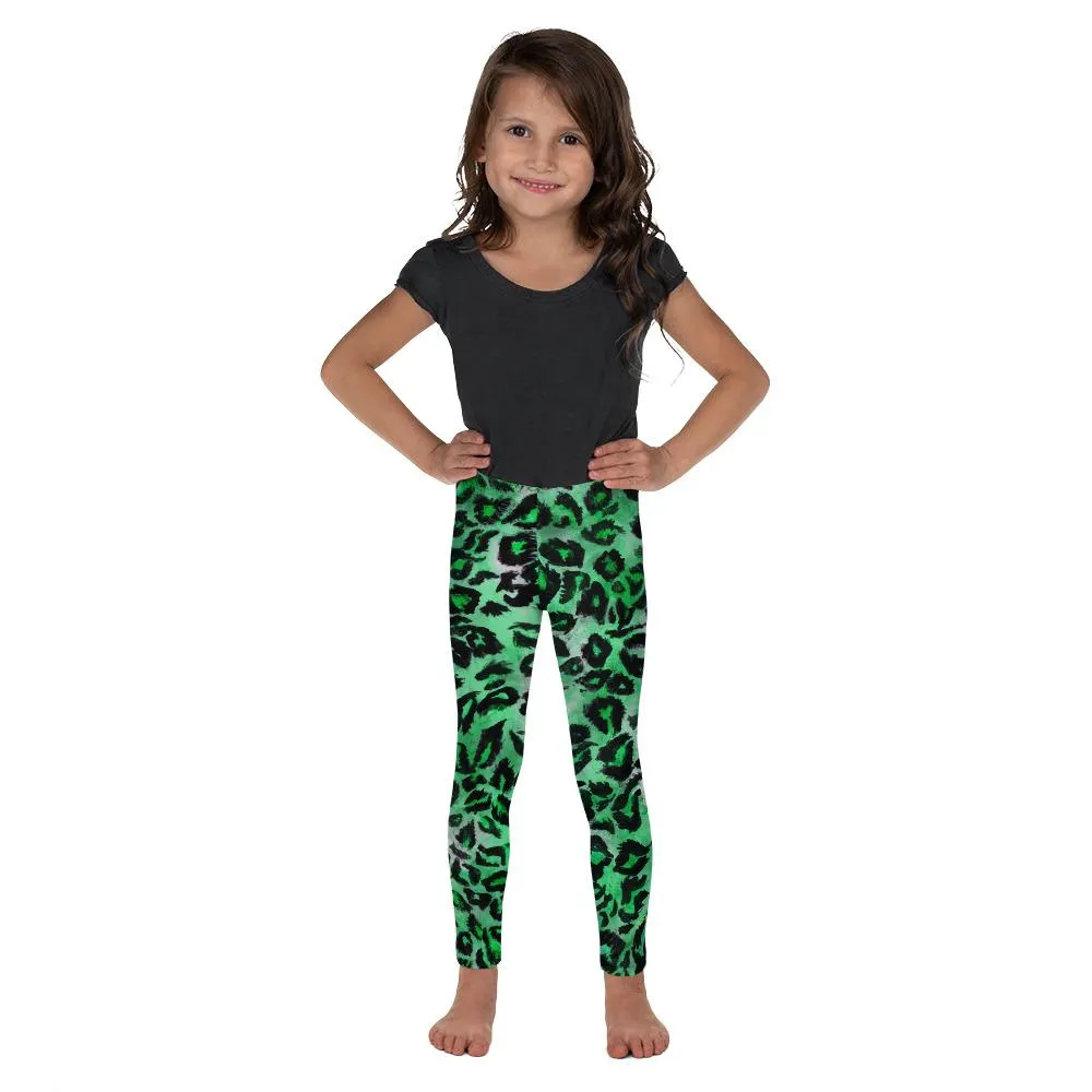 Green Leopard Kid's Tights, Green Leopard Animal Print Premium Kid's Leggings Running Tights- Made in USA/EU