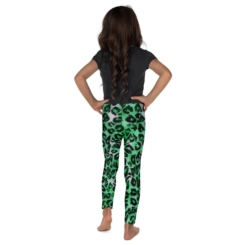 Green Leopard Kid's Tights, Green Leopard Animal Print Premium Kid's Leggings Running Tights- Made in USA/EU