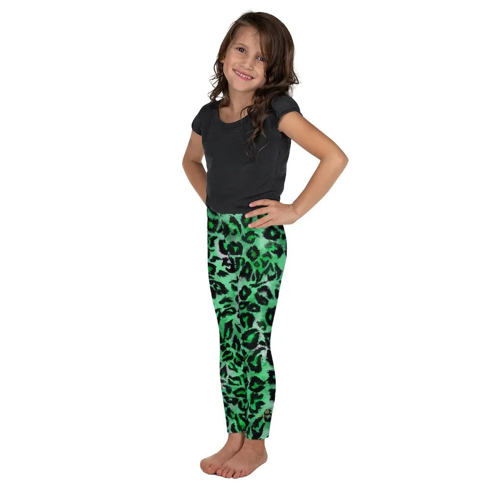 Green Leopard Kid's Tights, Green Leopard Animal Print Premium Kid's Leggings Running Tights- Made in USA/EU
