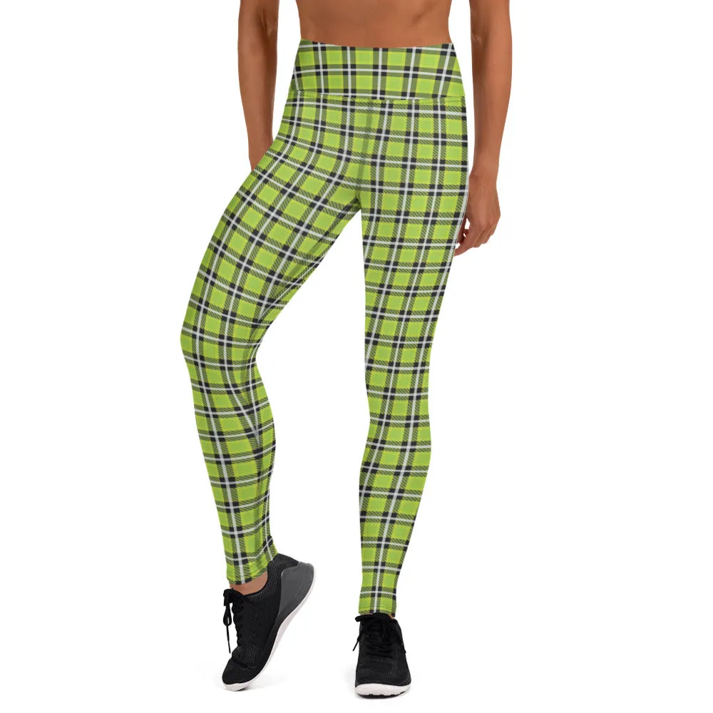 Green Plaid Print Yoga Leggings, Scottish Tartan Plaid Print Women's Tights-Made in USA/EU