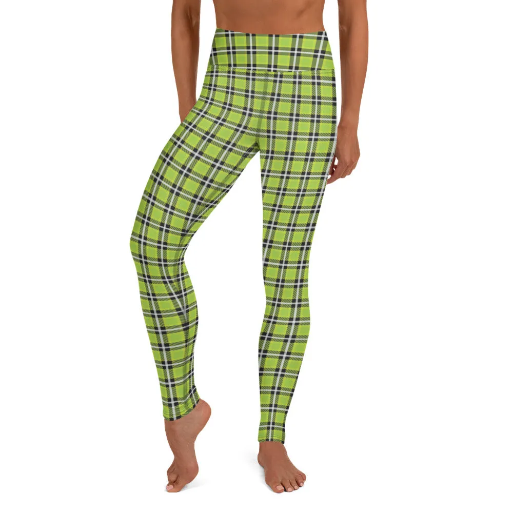 Green Plaid Print Yoga Leggings, Scottish Tartan Plaid Print Women's Tights-Made in USA/EU