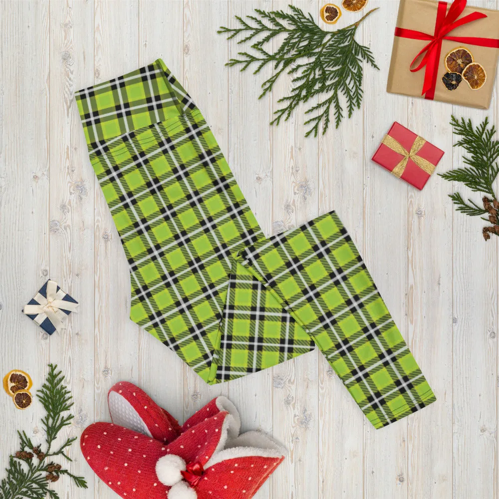 Green Plaid Print Yoga Leggings, Scottish Tartan Plaid Print Women's Tights-Made in USA/EU