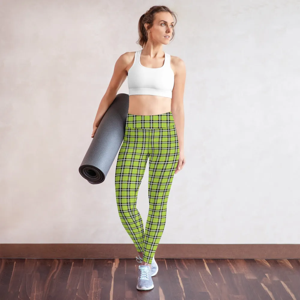 Green Plaid Print Yoga Leggings, Scottish Tartan Plaid Print Women's Tights-Made in USA/EU
