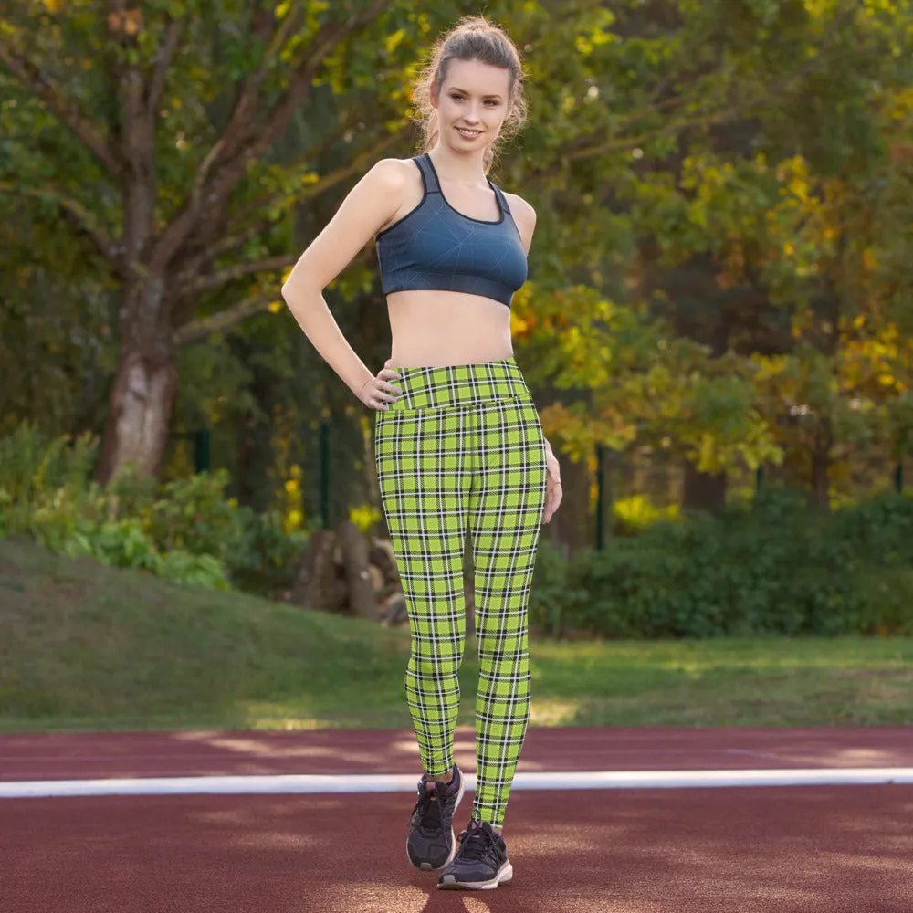 Green Plaid Print Yoga Leggings, Scottish Tartan Plaid Print Women's Tights-Made in USA/EU