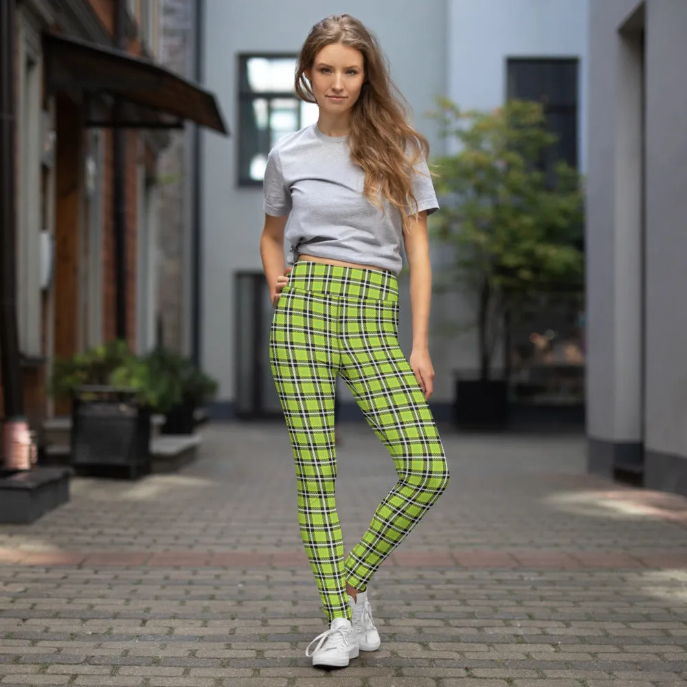Green Plaid Print Yoga Leggings, Scottish Tartan Plaid Print Women's Tights-Made in USA/EU