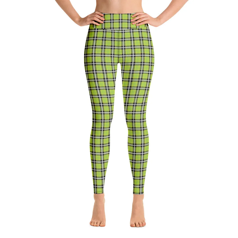 Green Plaid Print Yoga Leggings, Scottish Tartan Plaid Print Women's Tights-Made in USA/EU