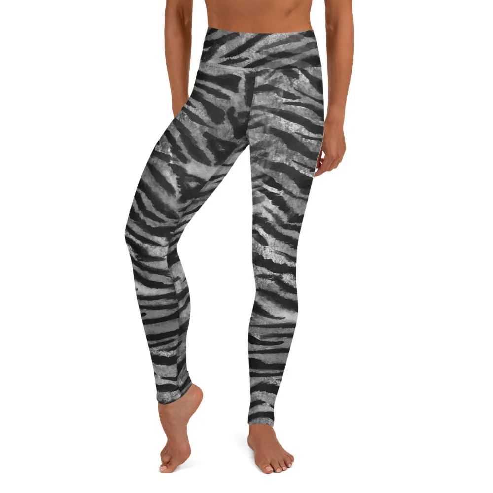 Grey Tiger Striped Yoga Leggings, Gray Tiger Stripes Animal Print Women's Tights-Made in USA/EU